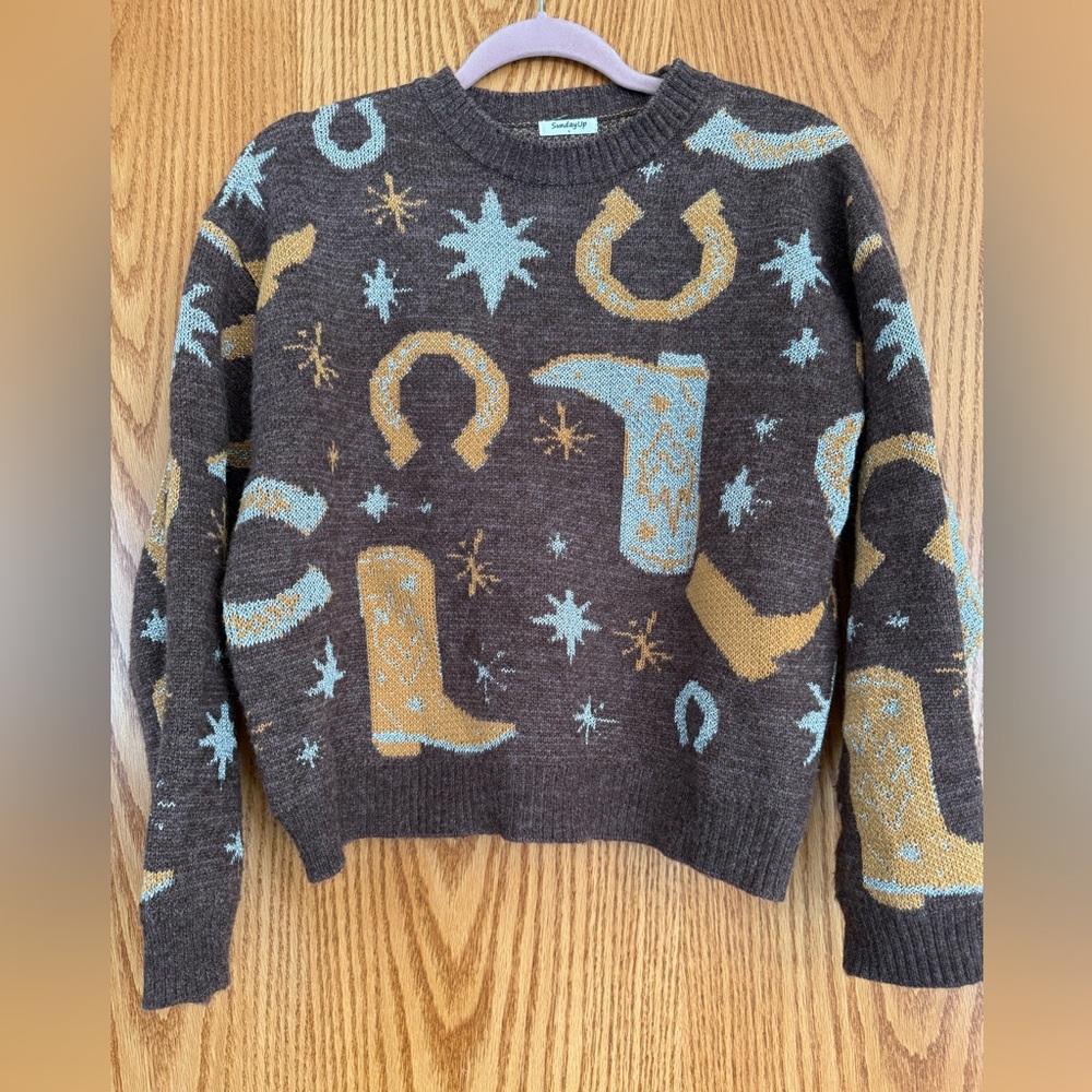 Western-Inspired Brown Sweater with Gold & Silver Accents